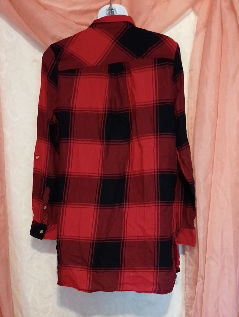Tommy Hilfiger Ladies Red & Navy Blue Checkered Tunic Button Down Top Sz XS - Picture 5 of 7